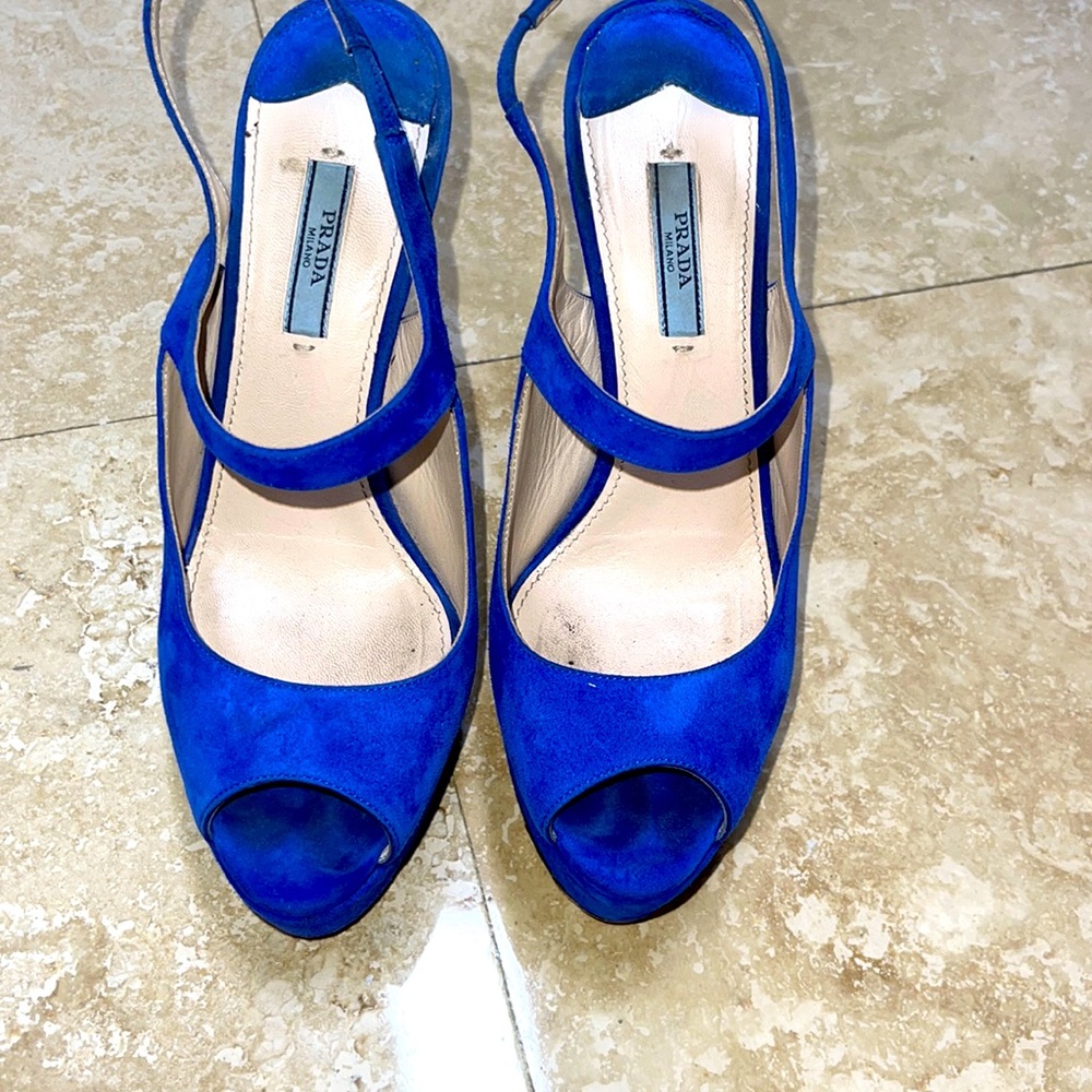 Blue suede platform heels